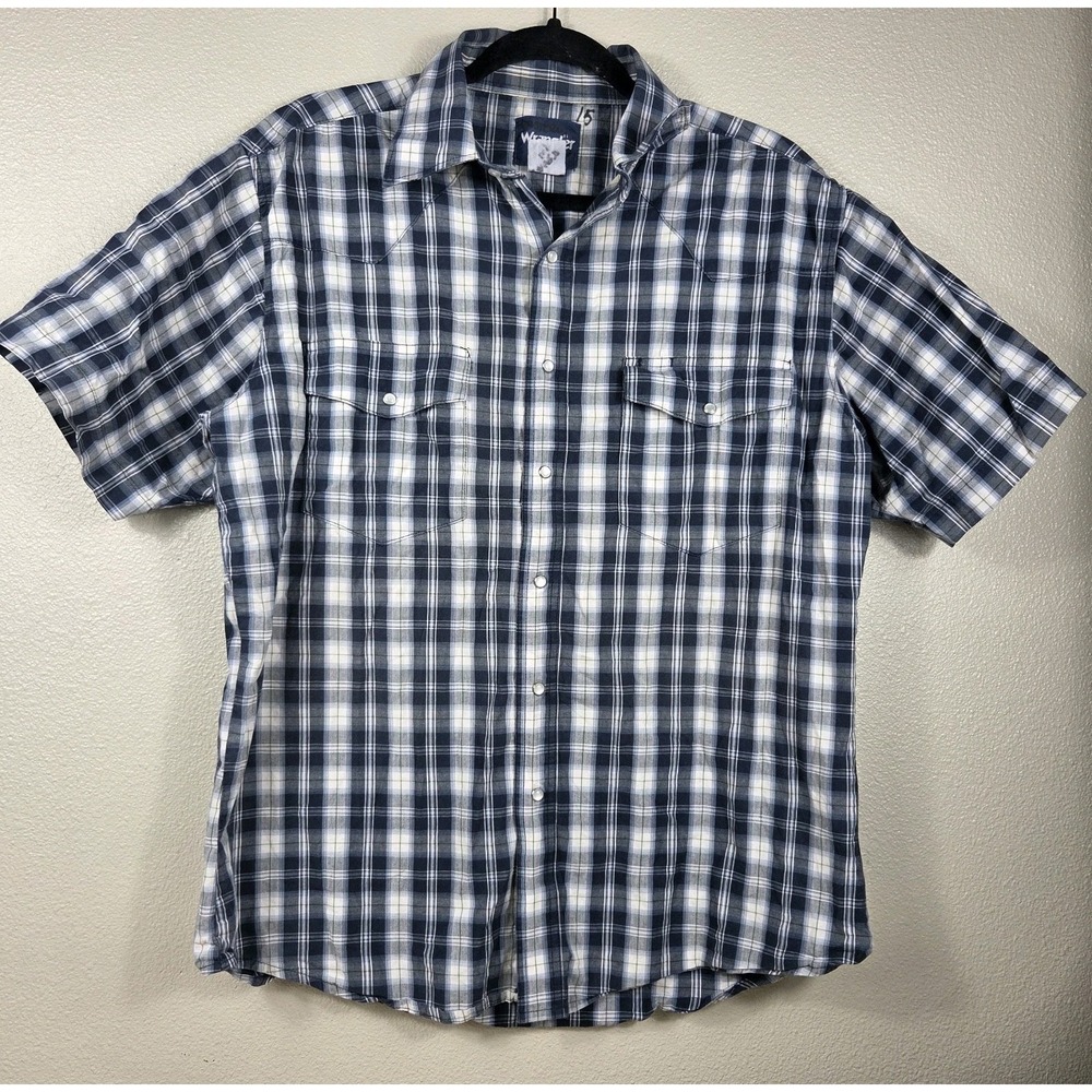 Vintage Wrangler Western Snap Shirt Mens L Blue Plaid Pearl Snap Short Sleeve